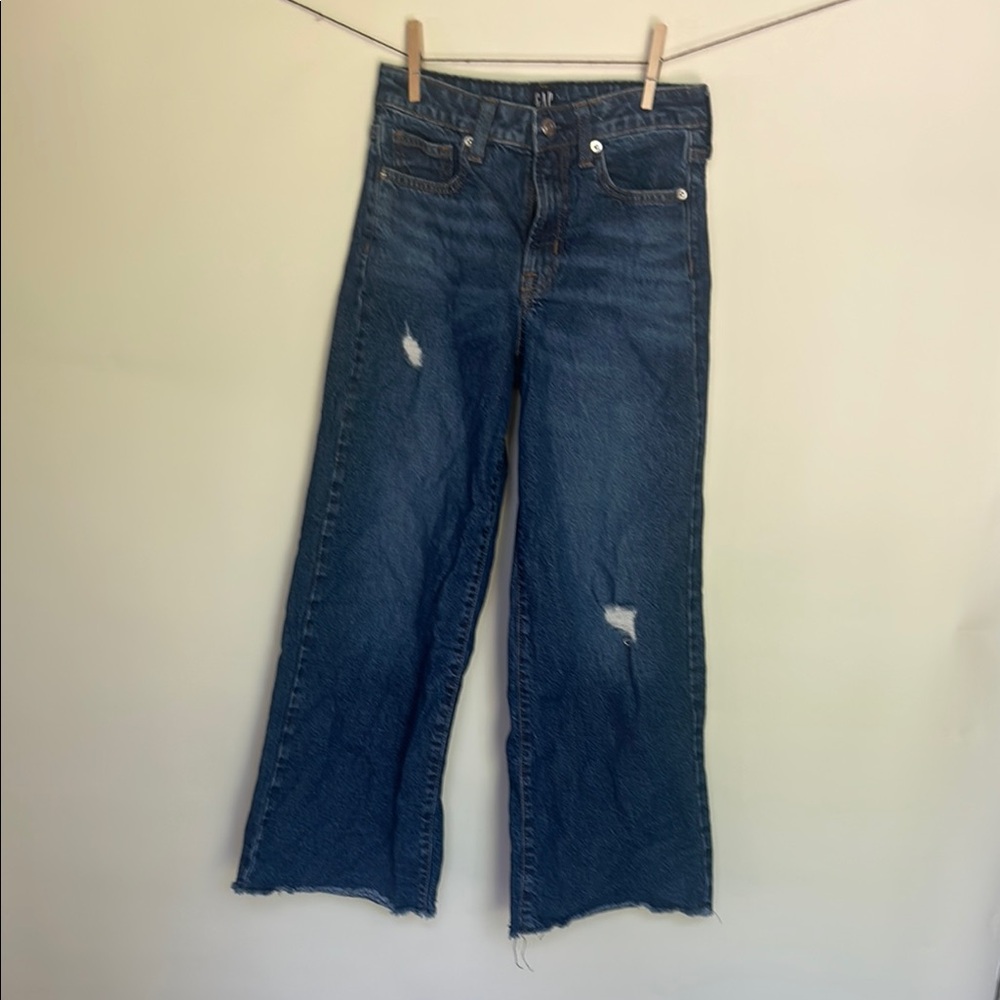 GAP Blue Slim Wide Leg Jeans with Distressed Details
